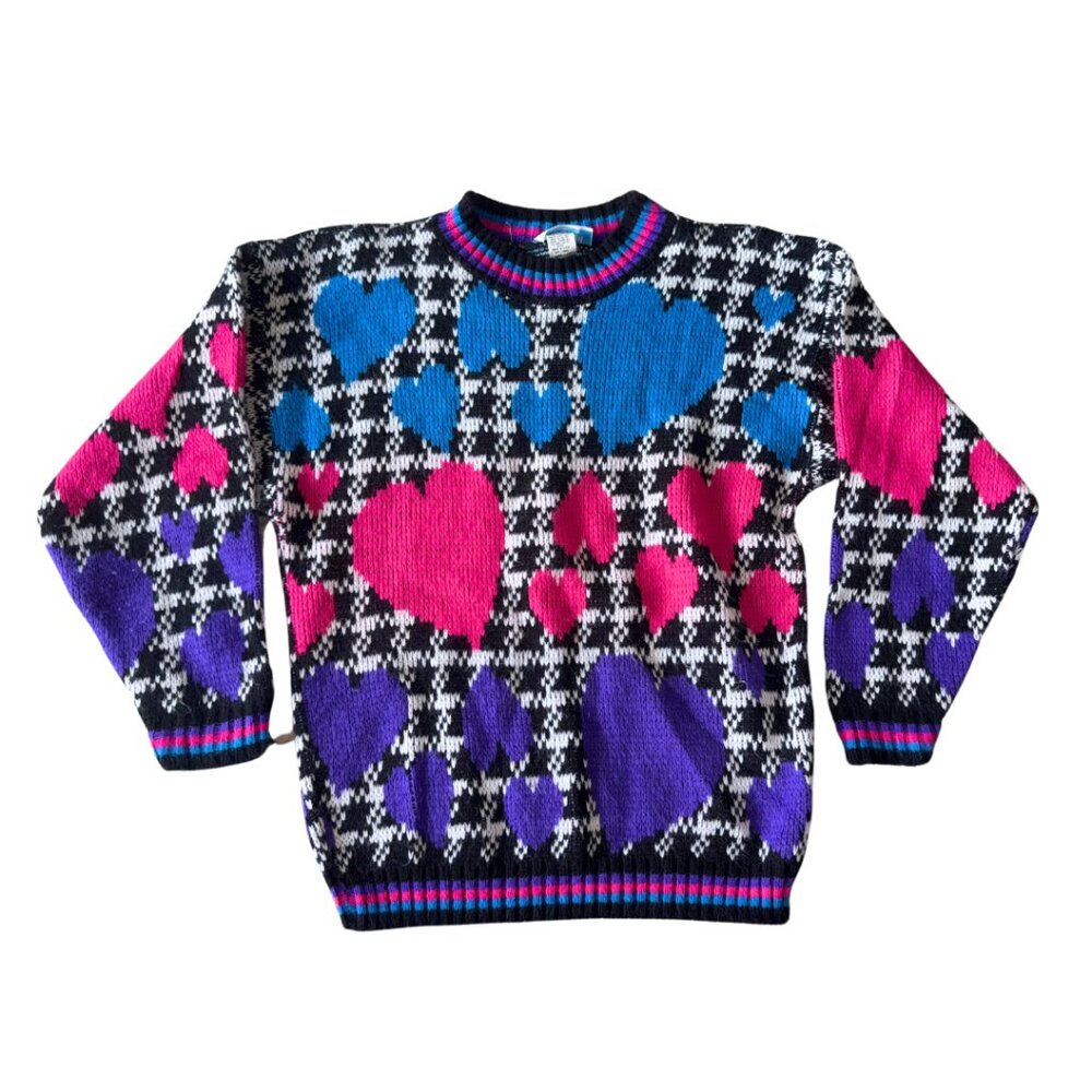 80s Bright Heart Pullover Chunky Knit Sweater Vintage Large - Picture 2 of 12